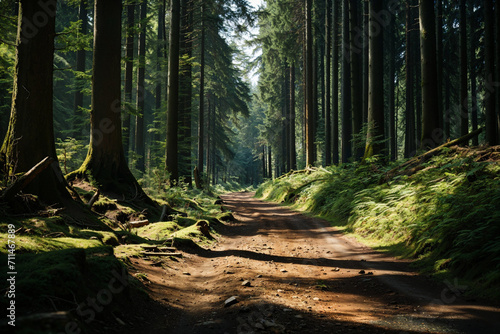 Sunlight filtering through a dense woodland trail Generative AI image photo