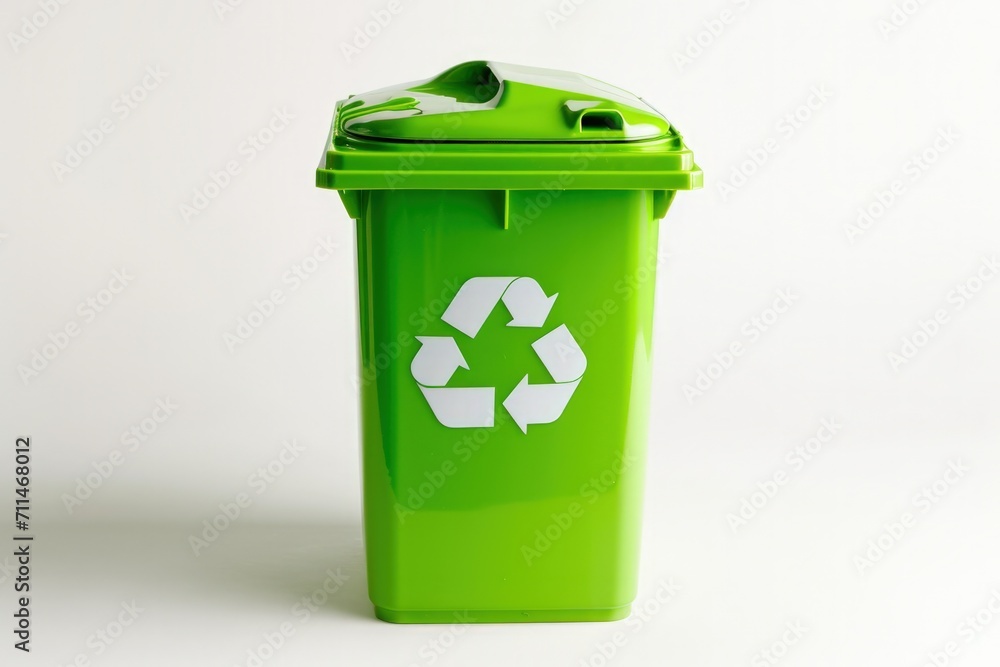 Green trash can with recycling symbol, concept of environmental preservation and Earth Day. Green trash can with recycling symbol, concept of environmental preservation and Earth Day.