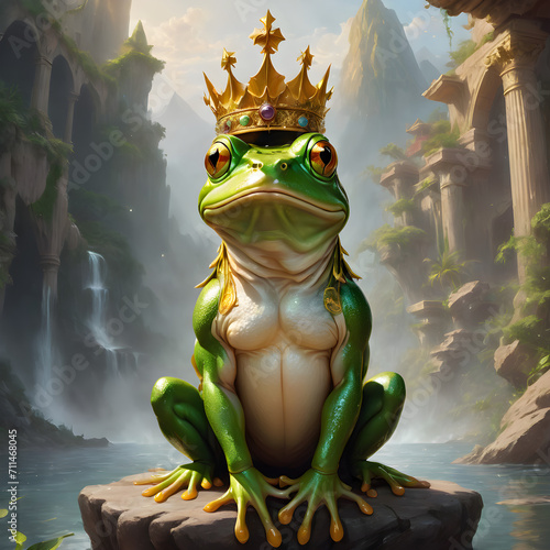 Frog prince or green frog wearing a crown isolated on white background.