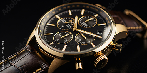 Wrist watch on black background. Closeup. Selective focus .Luxury men's watch commercial concept bespoke gold design on dark background holiday gift idea.