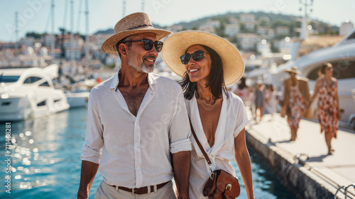 Affluent couple enjoying a luxurious marina walk. Generative AI image photo