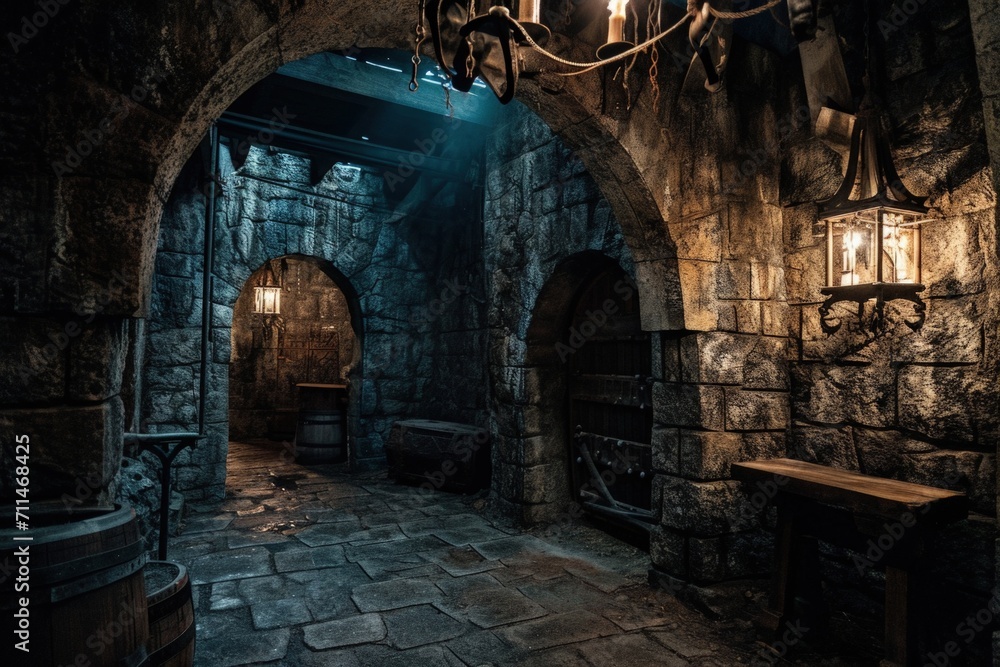 Dungeon of a medieval castle, concept of middle ages and history.
