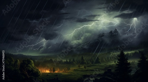 An intricately detailed scene of a stormy night, lightning streaking across the sky, rain pouring down, and thunder rumbling in the distance - Generative AI
