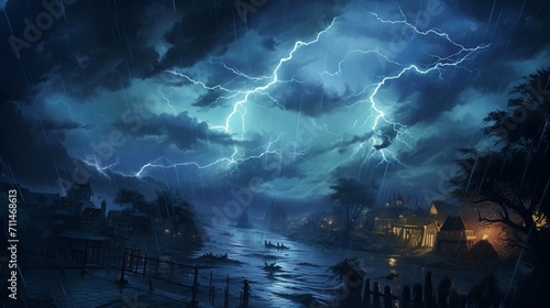 An intricately detailed scene of a stormy night, lightning streaking across the sky, rain pouring down, and thunder rumbling in the distance - Generative AI