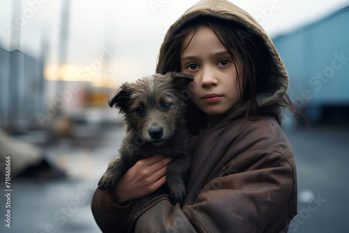 girl holding dirty stray puppy on the street Animal Rescue and dog Adoption Pets care
