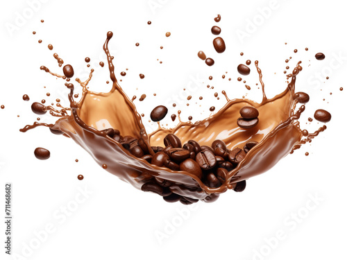 Splashing coffee with coffee beans, isolated on a transparent background 