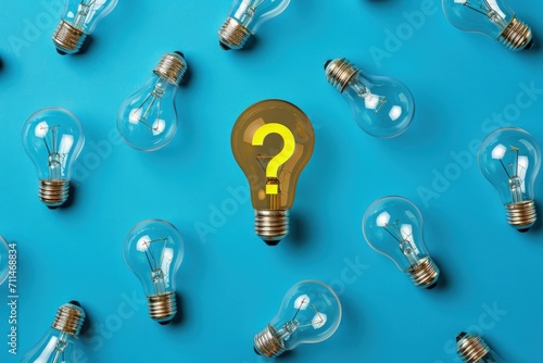 Various light bulbs and question mark sign on blue background, ideas and business concept.