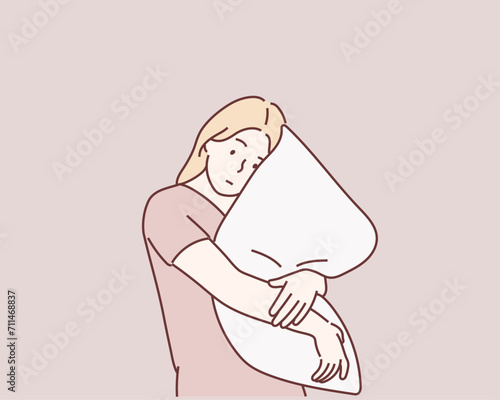 girl with big pillow. Hand drawn style vector design illustrations.