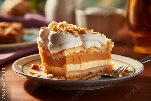 Generative AI image of a slice of peanut butter pie with whipped cream topping and crushed peanuts, served on a plate with a background setting of a beverage and cookies photo