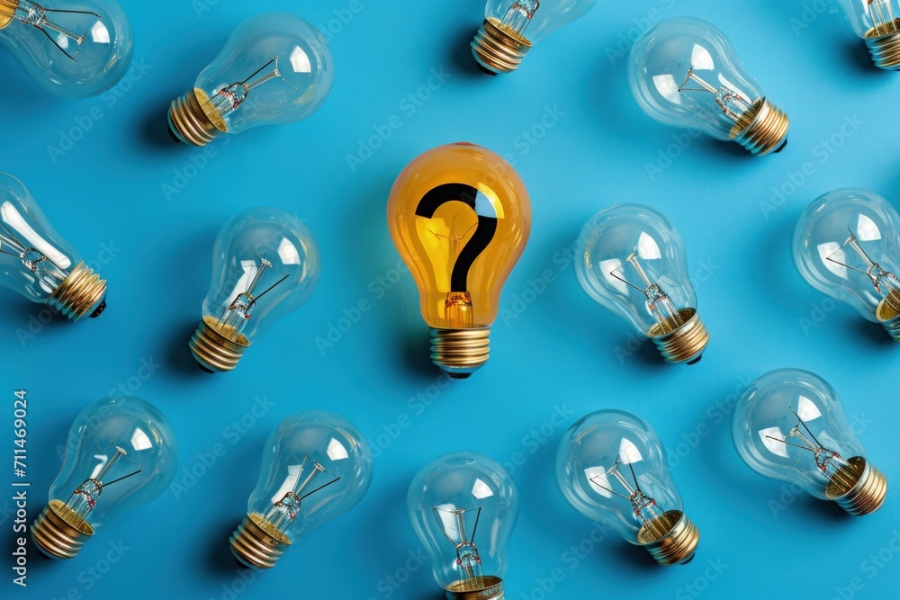 Various light bulbs and question mark sign on blue background, ideas and business concept. Various light bulbs and question mark sign on blue background, ideas and business concept.