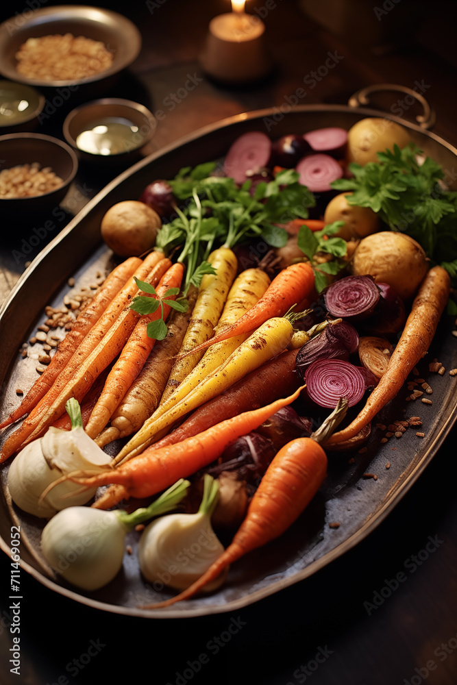 Generative AI image of a tray of roasted carrots, beets, and garlic, garnished with parsley, lemon slices, and sprinkled with seeds Generative AI image of a tray of roasted carrots, beets, and garlic, garnished with parsley, lemon slices, and sprinkled with seeds