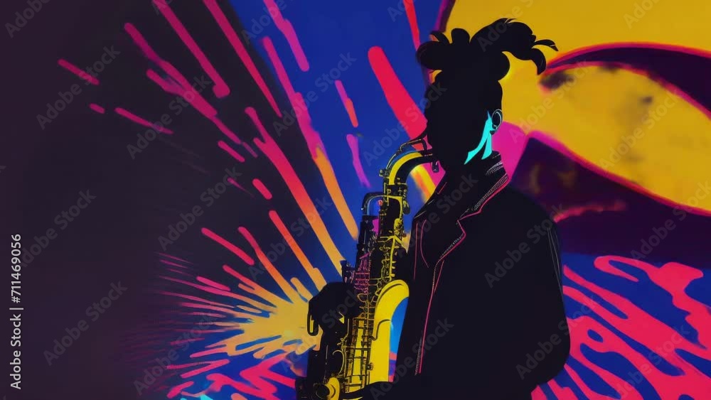 Instrumental live music concert. Jazz musician pop art illustration. Bright vintage retro poster. Musical performer play saxophone night club. Sax player solo perform. Elegant male artist silhouette