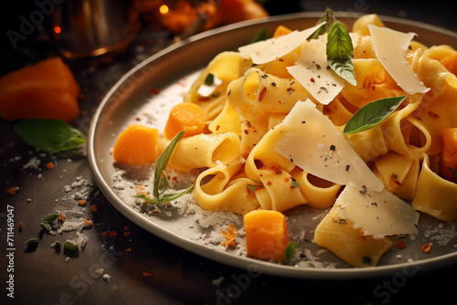 Generative AI image of pappardelle pasta with roasted butternut squash, topped with shaved Parmesan and basil, on a dark atmospheric background photo