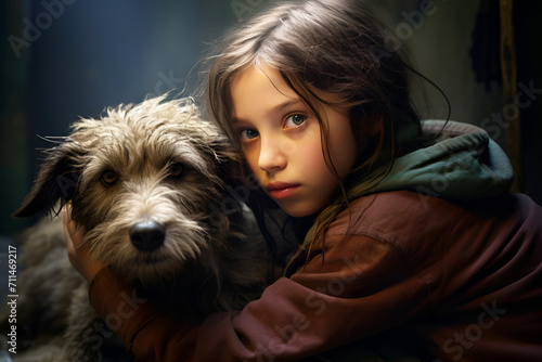 Teenage girl hugging homeless stray dog Animal Rescue and pets Adoption