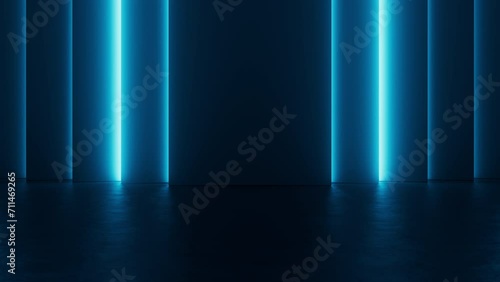 Abstract neon background with bright blue lights. Shiny futuristic virtual space for product advertising video concept. Glowing animation texture for high technology design. Seamless loop.