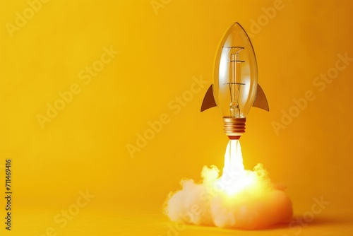 Light bulb taking off like rocket on yellow background, startup and business concept. photo