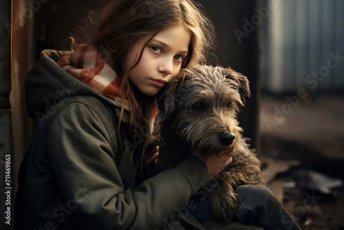 cute teenage girl cuddling mongrel or mixed breed bearded sad gray dog at Backyard Animal Rescue and pets Adoption
