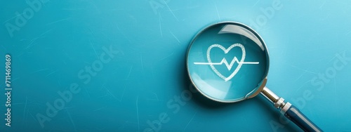 Magnifying glass with heart and graph with heartbeat, concept of health and medical care. photo