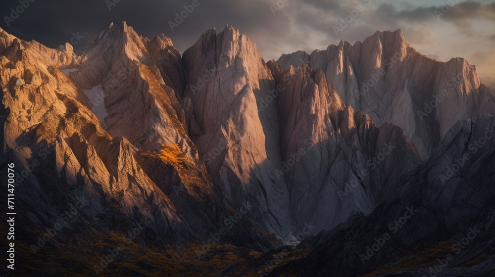 An intricately realistic mountain range at dusk, capturing the tranquil beauty of fading daylight, every rock face and crag meticulously portrayed in a realistic photography style - Generative AI