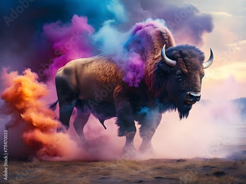 A bison coming out from colorful smoke