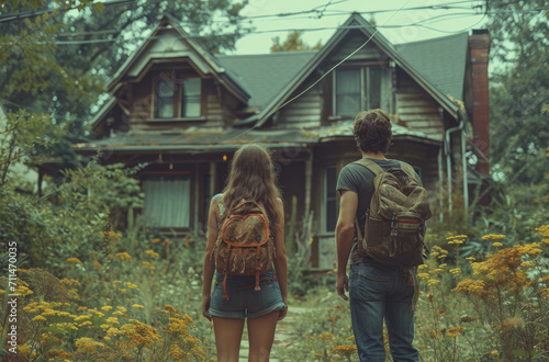 Man and woman with in traveling clothing and with backpacks stands looking at old dilapidated wooden country house