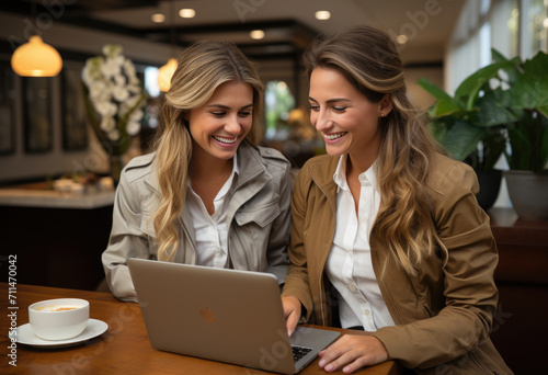 Two blonde curly women in formal office clothing sits working, using laptop