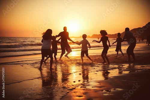 Family friends having fun on the beach at sunset. Love, relationship, party and celebrating concept.