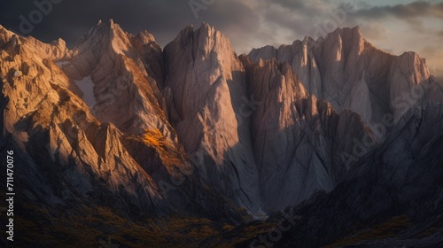 An intricately realistic mountain range at dusk, capturing the tranquil beauty of fading daylight, every rock face and crag meticulously portrayed in a realistic photography style - Generative AI