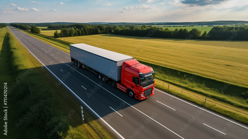 Red truck on the road a view from a drone Red truck on the road a view from a drone