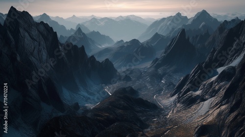 An intricately realistic mountain range at dusk, capturing the tranquil beauty of fading daylight, every rock face and crag meticulously portrayed in a realistic photography style - Generative AI