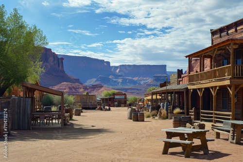 Old west town, landscape with canyons and desert in the background, western concept. photo