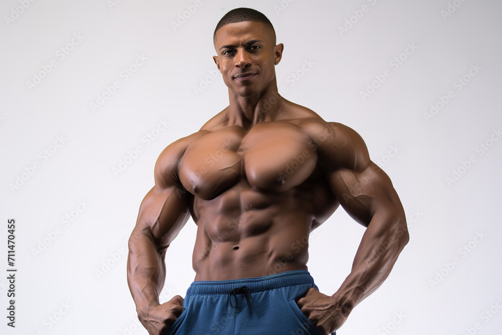 Bodybuilder showing his strong body and abdominal muscles isolated on gray background.