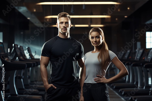 Sporty male and female trainers posing in gym in front of row of treadmills