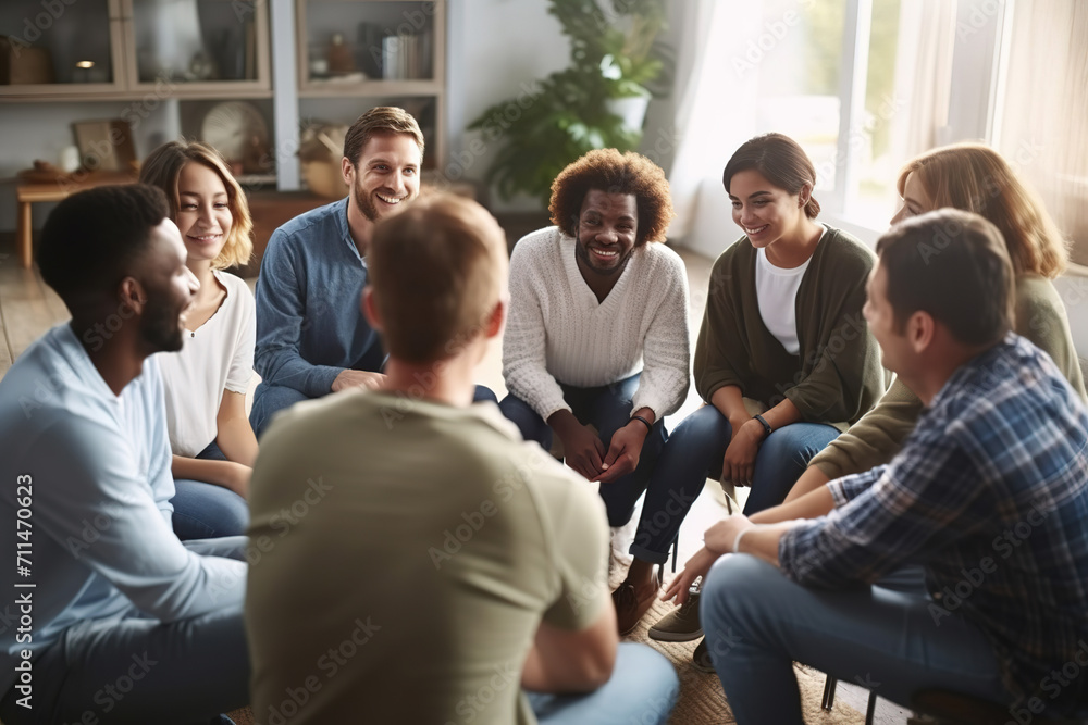 Multiethnic young people sitting in circle participating in group psychological therapy together. - obrazy, fototapety, plakaty 