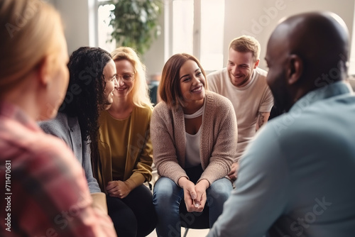 Group therapy session with diverse people sharing their stories. People sitting in a circle talking about their mental health issues and looking for support, help and counseling. photo