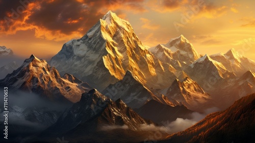 An intricately realistic portrayal of a mountain range during sunrise, capturing the warm golden light cascading over the peaks - Generative AI