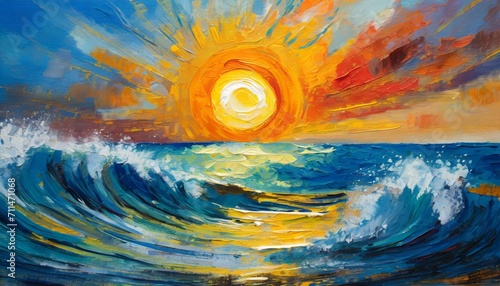 a sunset over the ocean. Employ bold and gestural brushstrokes, with a dominant orange sun sinking into a sea of swirling blues, capturing the intensity and beauty of the moment.