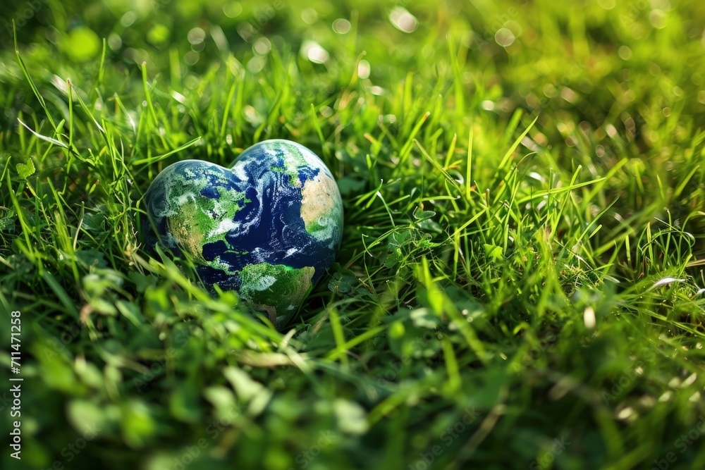 Planet Earth in the shape of a heart on the grass, concept of environment preservation and Earth Day. Planet Earth in the shape of a heart on the grass, concept of environment preservation and Earth Day.