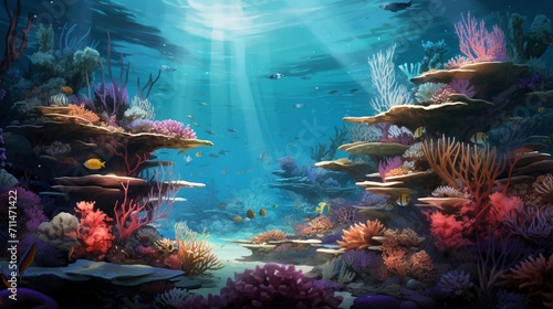 An intricately realistic seascape portraying a vibrant coral reef beneath clear waters, teeming with diverse marine life - Generative AI