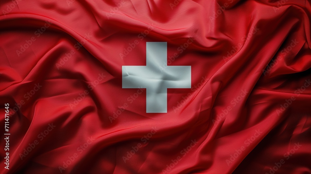 Waving Swiss flag, fabric ruffled flag, flag of Switzerland - obrazy, fototapety, plakaty 