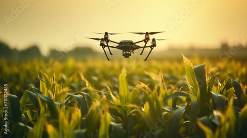 Agricultural Drone. Mid-Journey Spraying Fertilizers on Lush and Vibrant Sweet Corn Fields photo