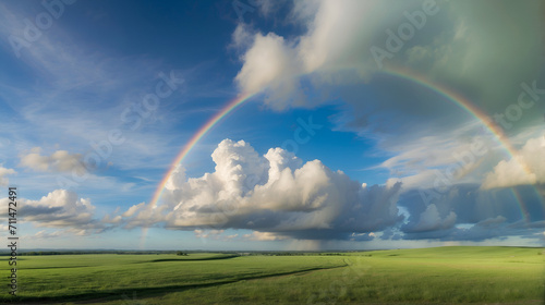 A rainbow against a cloudy sky over a rural plain. Colorful arch passing through the clouds  a rare natural phenomenon