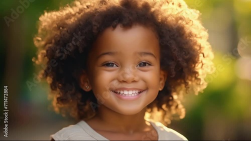 Smile african american kid have fun. Funny little girl play outdoor. Pretty child enjoy summer. Happy childhood concept. Beautiful children at kindergarten. Joy positive nice person. Nature background photo