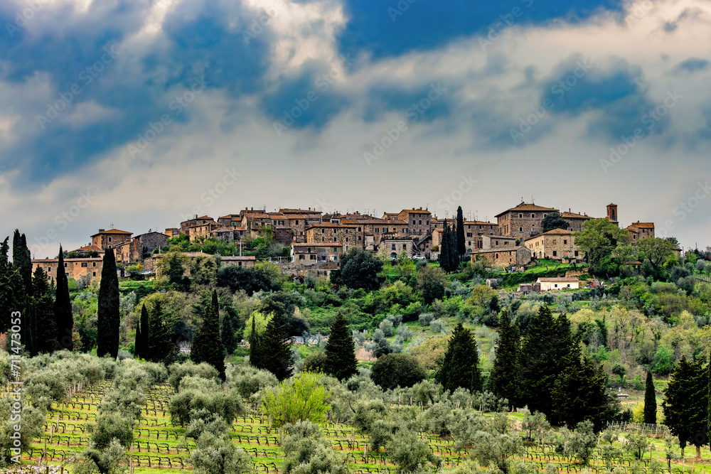 Castelnuovo dell Abate, a town on a hill in the Val d'Orcia in Tuscany, Italy.