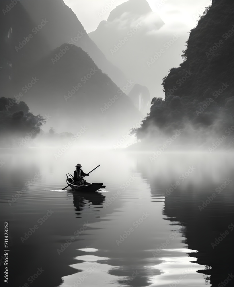 Japan traditional sumi-e painting, boat Japan mountains in the fog, transparency, aesthetic, black and white photo, traditional Japan