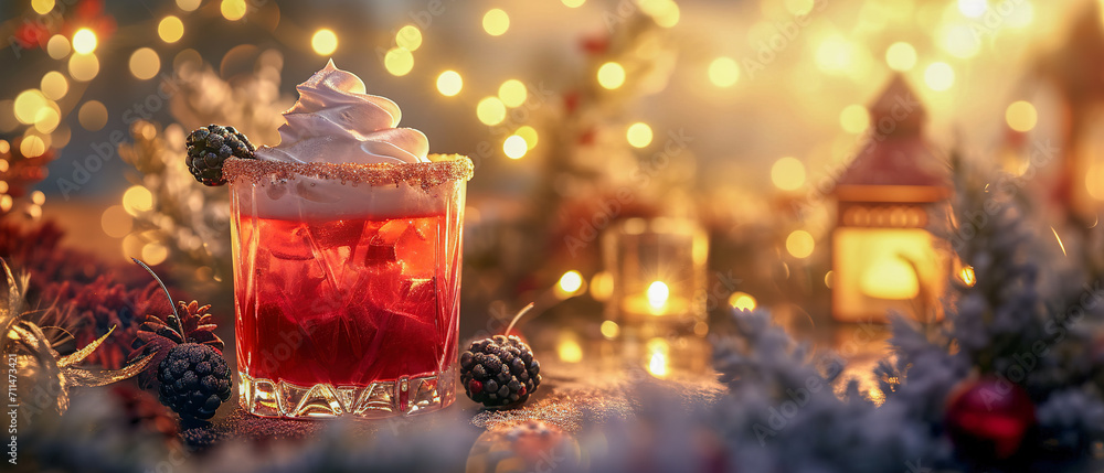 A cozy atmosphere with a red cocktail in a clear glass, ice, swirl of whipped cream and blackberry A cozy atmosphere with a red cocktail in a clear glass, ice, swirl of whipped cream and blackberry