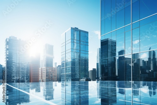A modern cityscape with glass buildings reflecting the brilliance of a clear blue sky  Generative AI