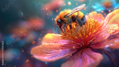 Close-up capturing the beauty of an exotic flower with a bee perched on its petals  © Alexander Beker