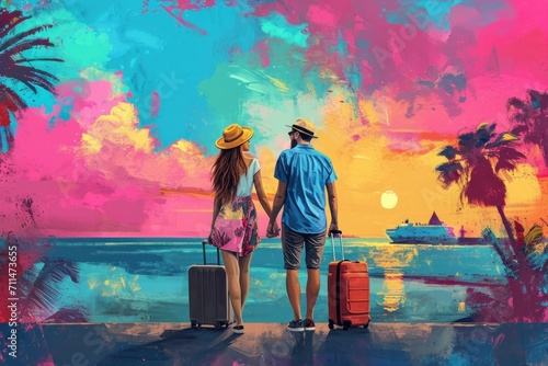 couple travelling with suitcase on vacation in beautiful background,time to travel © Наталья Добровольска