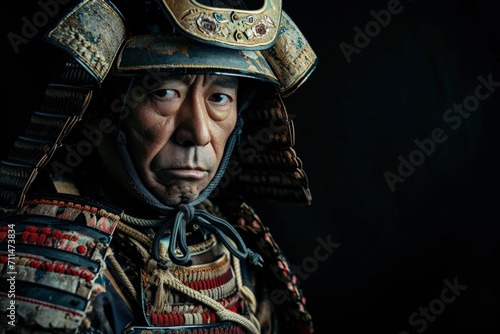 Samurai warrior with armor on black background, concept of tradition and martial arts.